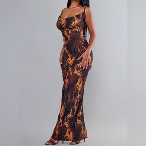 Abstract Cowl Neck Plisse Maxi Dress